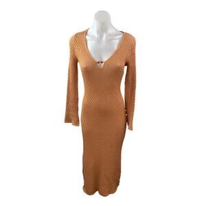 Pretty Lavish Gold Hardware Crochet Knit V Neck Maxi Bodycon Sweater Dress Sz S
